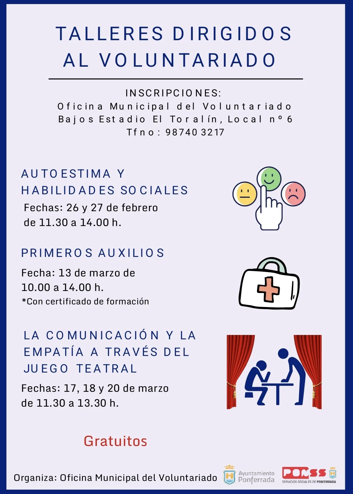 La Concejalía de Bienestar Social convoca tres talleres gratuitos de formación para voluntariado