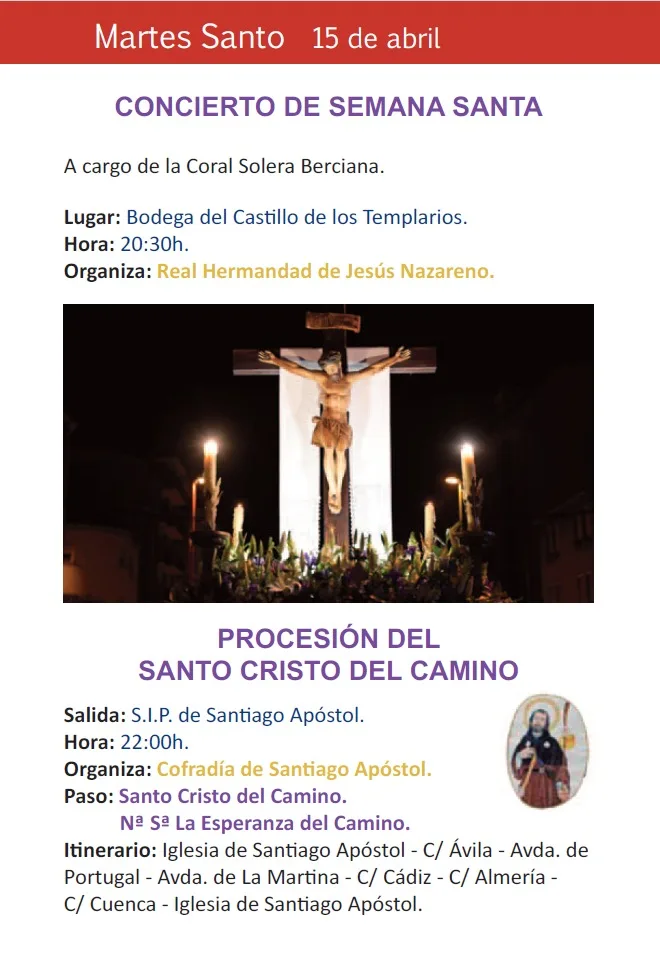 Martes Santo: La Procesión del Santo Cristo del Camino saldrá a las 20:30h desde la Iglesia de Santiago Apóstol