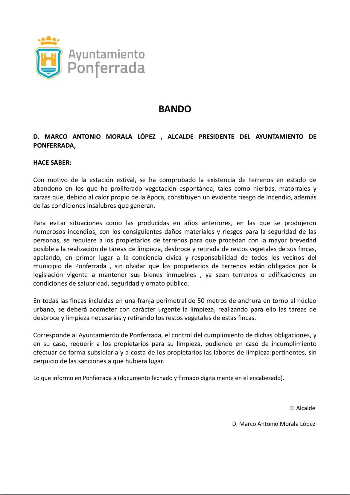Bando del Alcalde de Ponferrada solicitando a propietarios el desbroce y limpieza de sus fincas