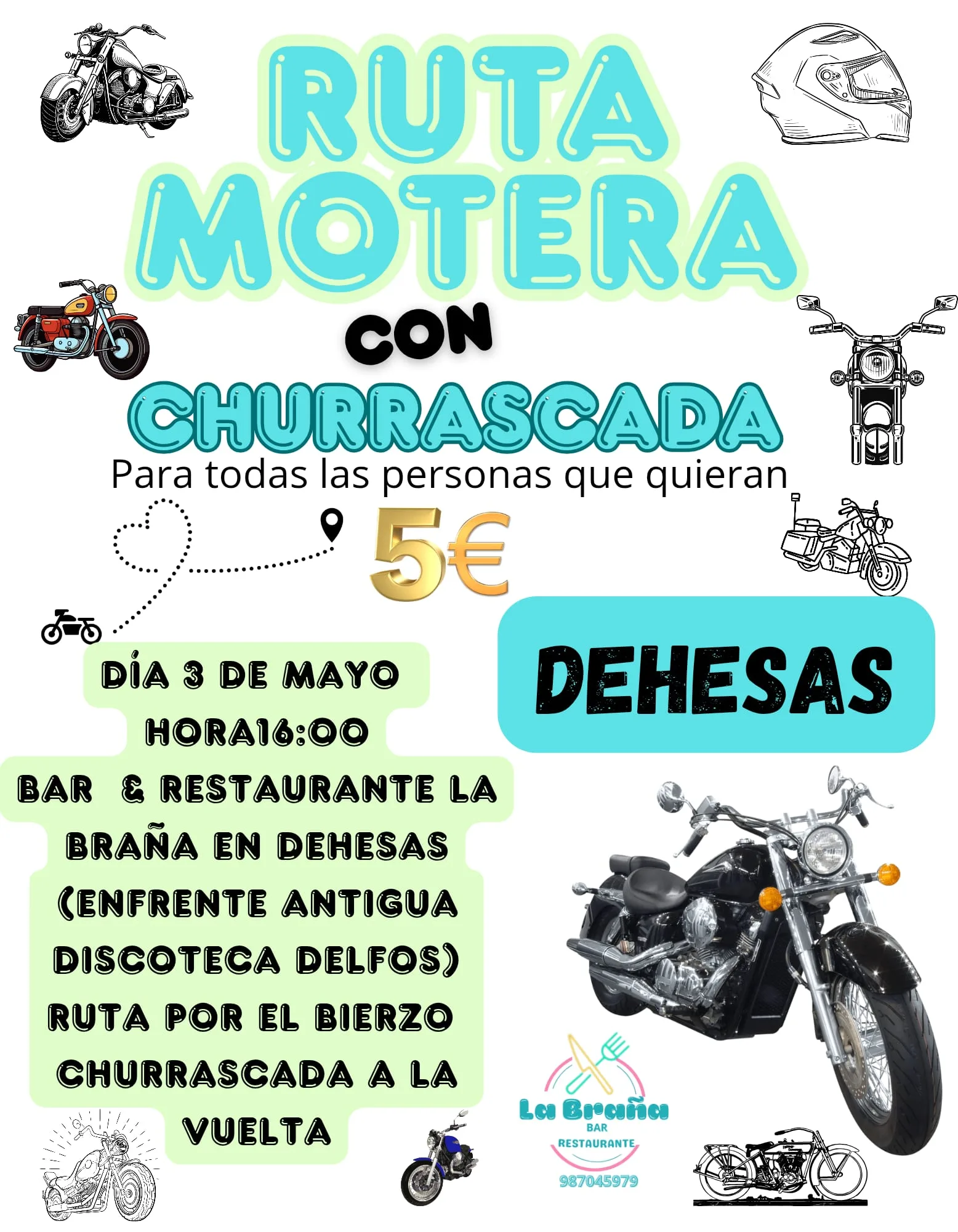 Fiesta y Ruta motera con salida y llegada en el Bar La Braña de Dehesas… ¡y churrasco al final!