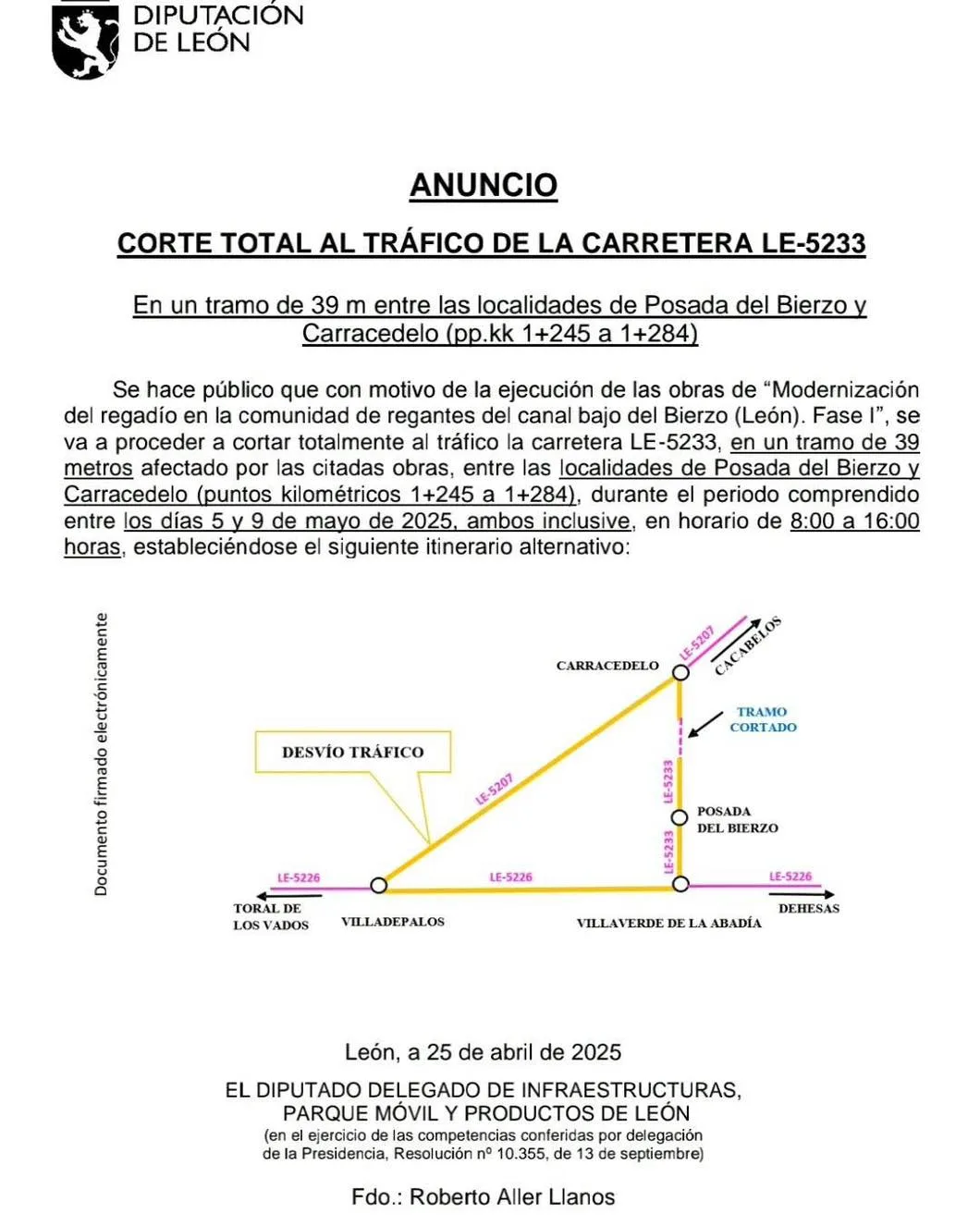 Corte total de tráfico en la carretera LE-5233 entre Posada del Bierzo y Carracedelo