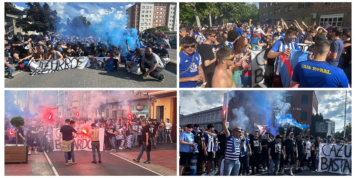 [FOTOS-VIDEO] La afición de la Ponferradina realiza el corteo hasta El Toralín sin incidentes