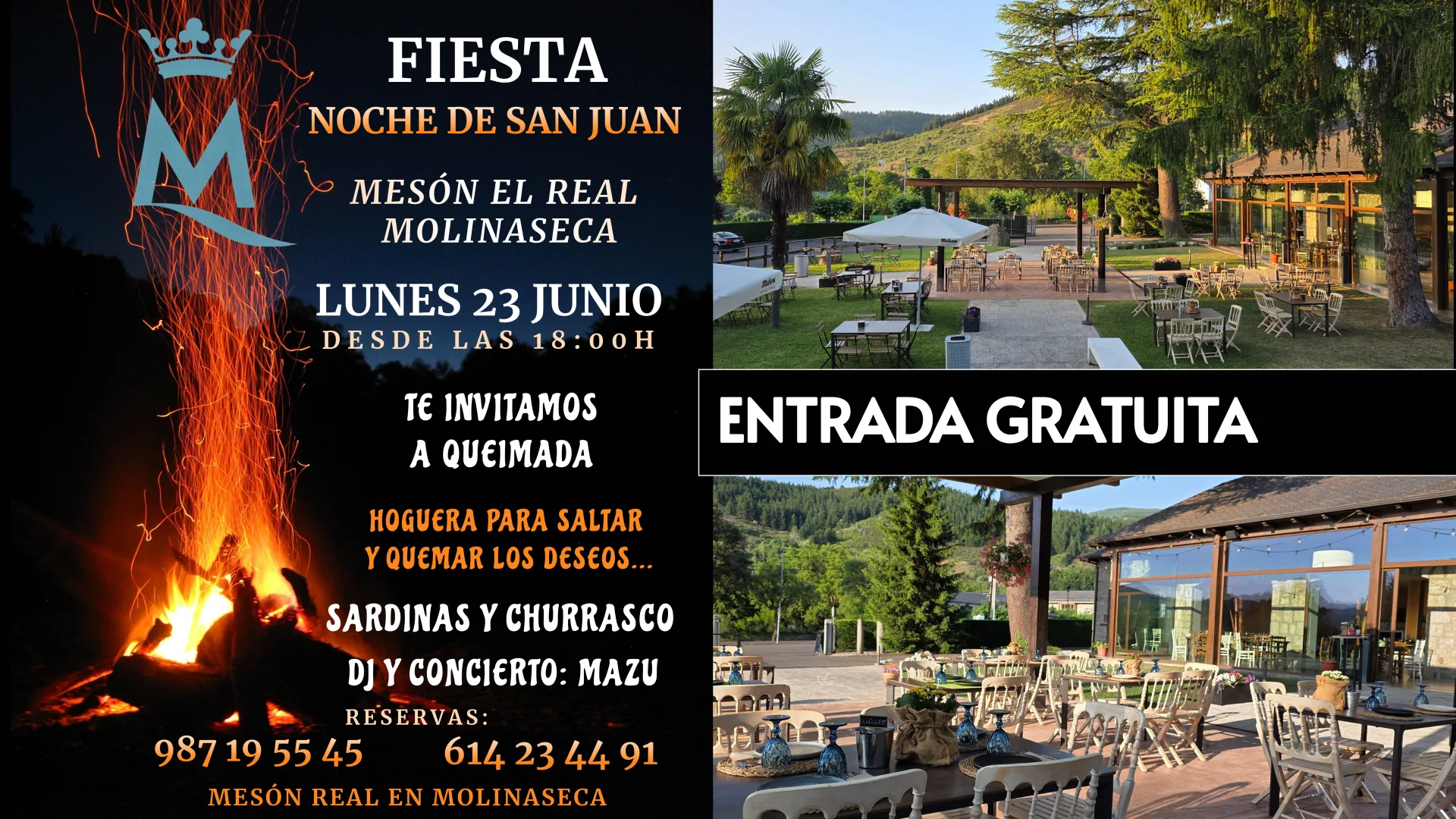 Fiesta de San Juan con entrada gratuita en el Mesón El Real de Molinaseca con queimada, hoguera, sardinas, churrasco, DJ, concierto de Mazu, tómbola e hinchables