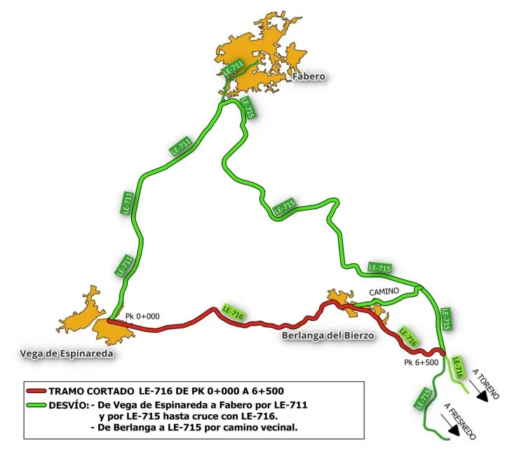 Se corta desde el lunes el tráfico en la carretera LE-716 de Vega de Espinareda al cruce con la LE-715 de Toreno por obras de renovación del firme
