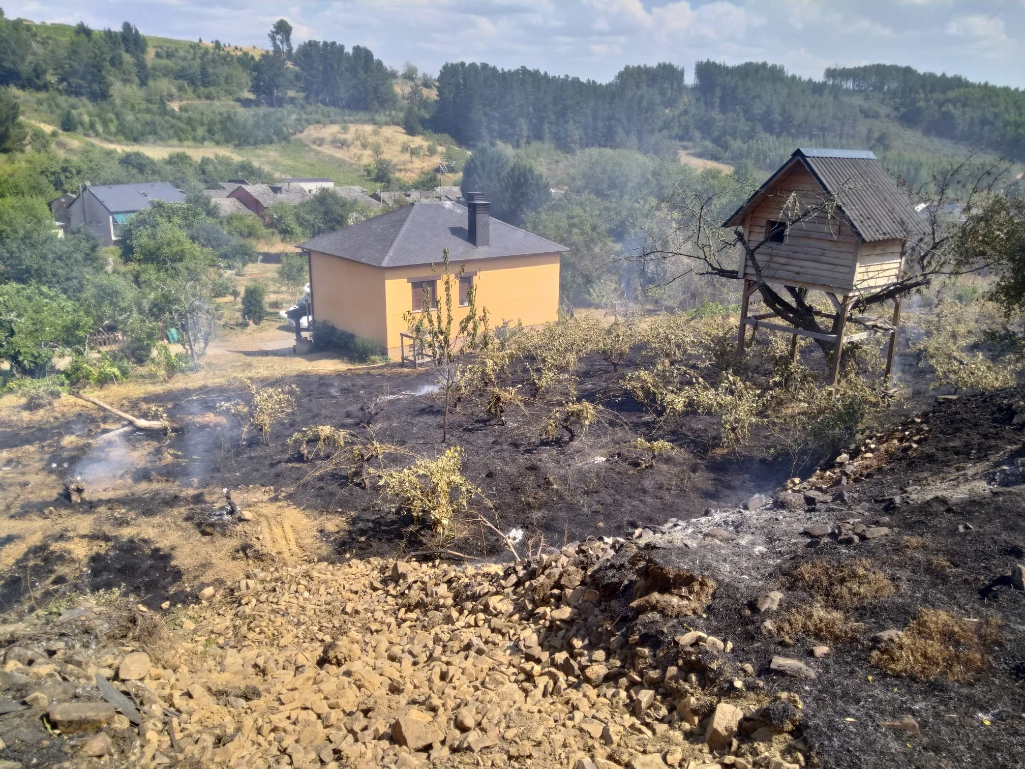 La rápida intervención de los bomberos corta el frente de llamas a las puertas de varias viviendas en Arganza