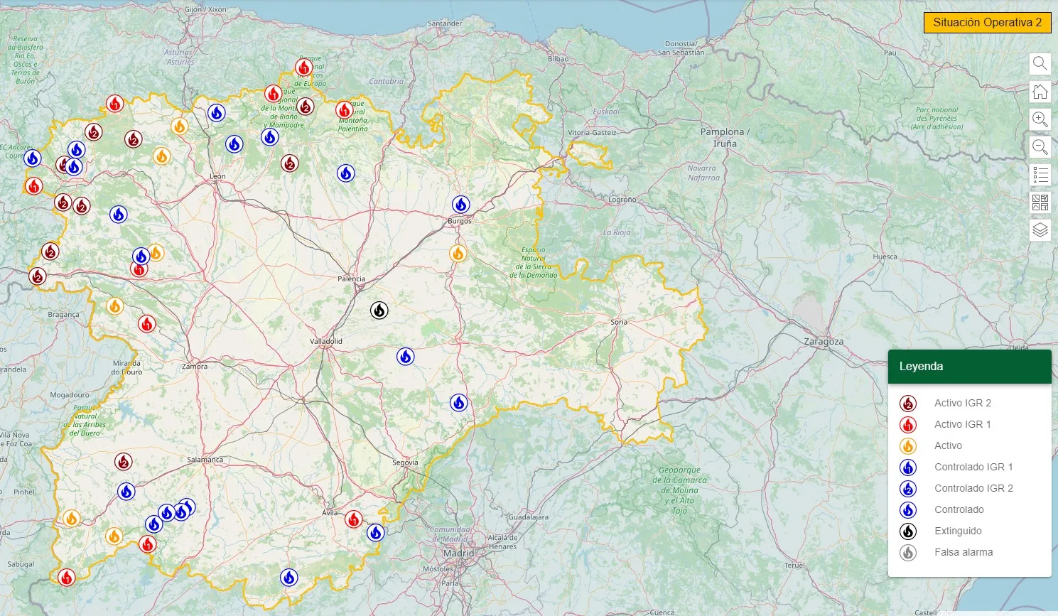 Una veintena de incendios actualmente en Castilla y León con índices de gravedad 1 y 2, once de ellos en la provincia de León