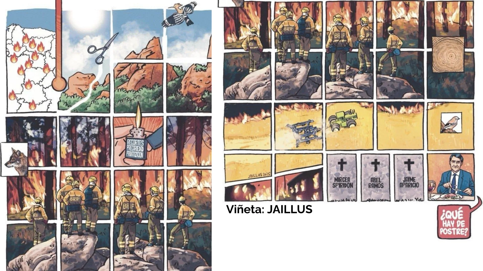 El dibujante leonés Jai denuncia con una ilustración el dolor de los incendios en Las Médulas y la indiferencia política