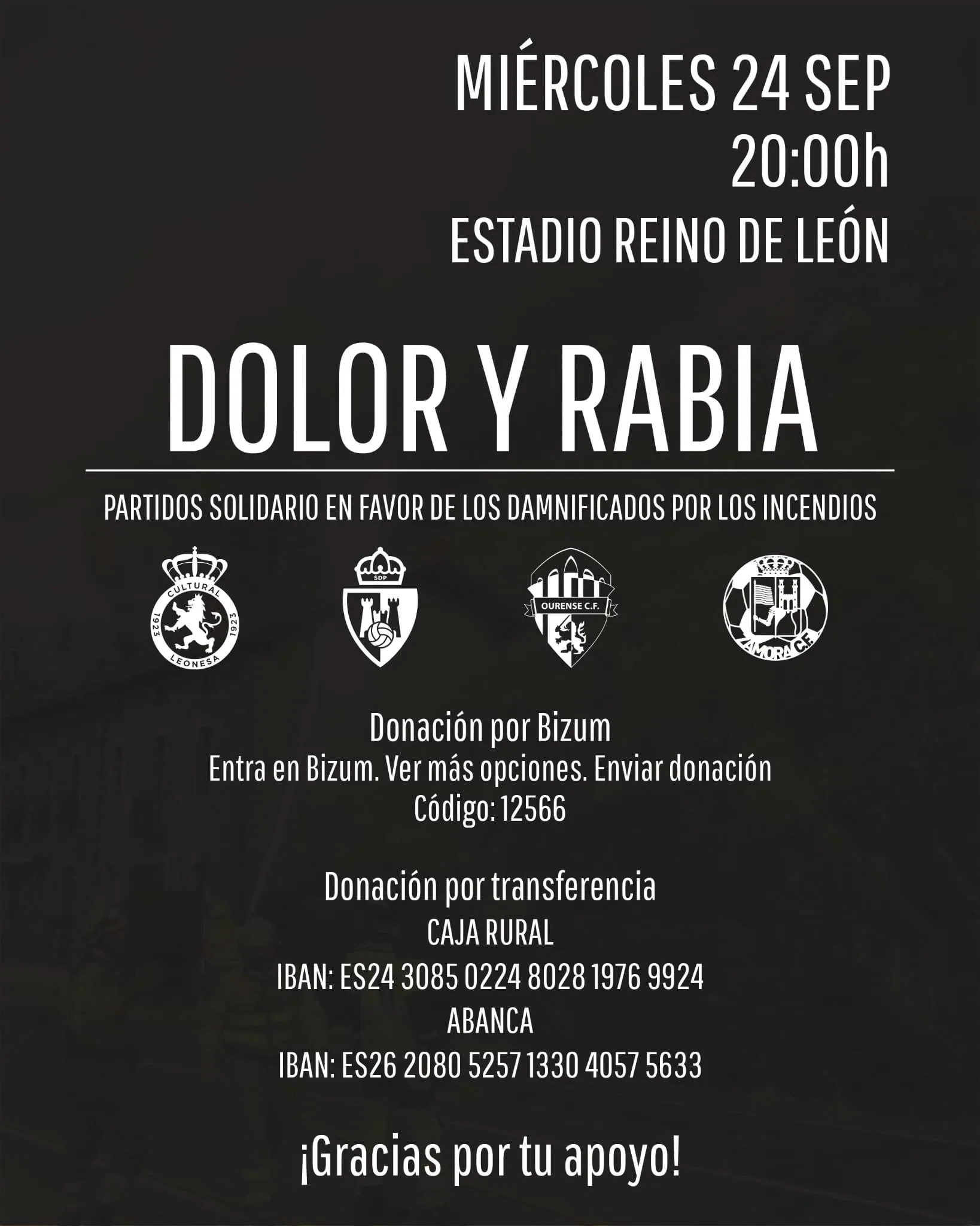 Habilitan la 'Fila 0' para el partido solidario a favor de los damnificados por los incendios que disputarán Cultural, Ponferradina, Ourense y Zamora el 24 de septiembre