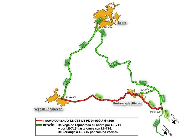 Fomento corta al tráfico desde este lunes un tramo de la carretera LE-716 de Vega de Espinareda al cruce con LE-715