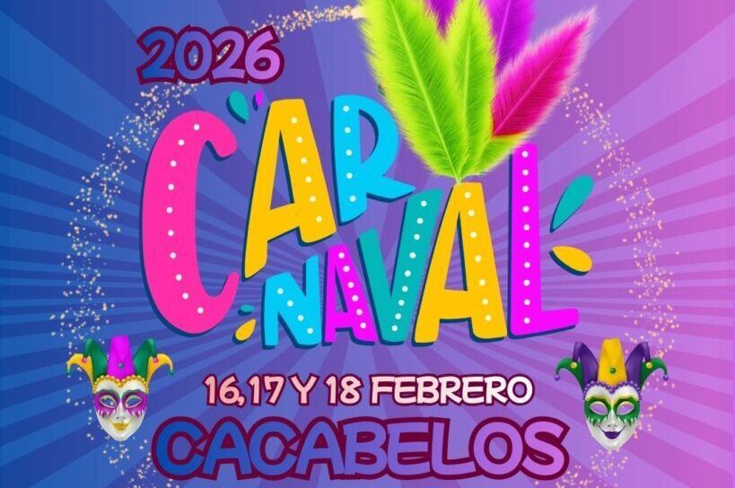 Cartel del Carnaval 2026 en Cacabelos con colores vibrantes y máscaras