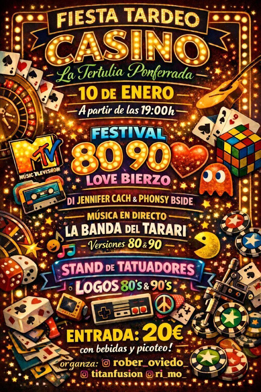 Cartel de la Fiesta Tardeo en Casino La Tertulia con música y ambiente ochentero