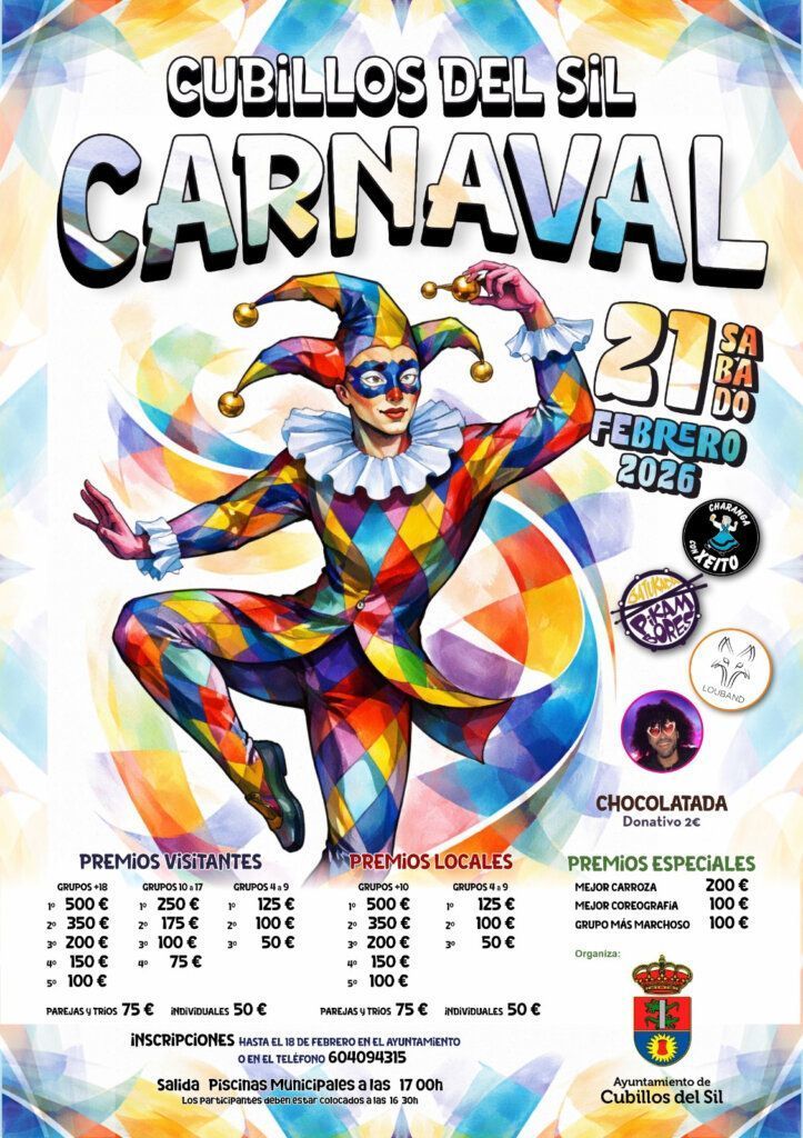 Cartel del Carnaval de Cubillos del Sil con un payaso colorido.
