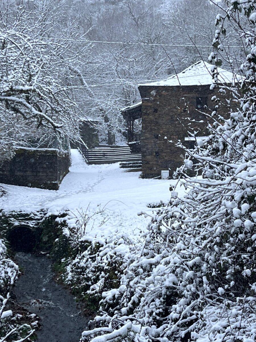 Paisaje nevado en Fornela con un edificio de piedra y vegetación cubierta de nieve
