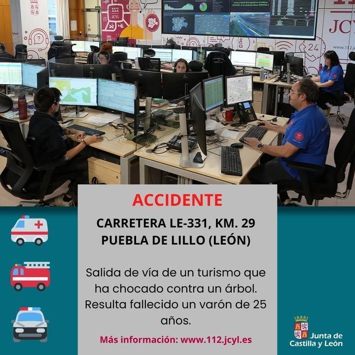 Centro de emergencias gestionando un accidente de tráfico en Puebla de Lillo