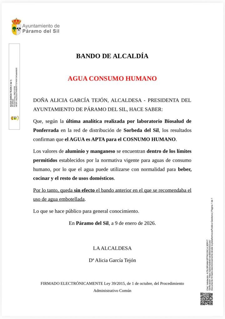 Bando municipal sobre agua potable en Sorbeda del Sil