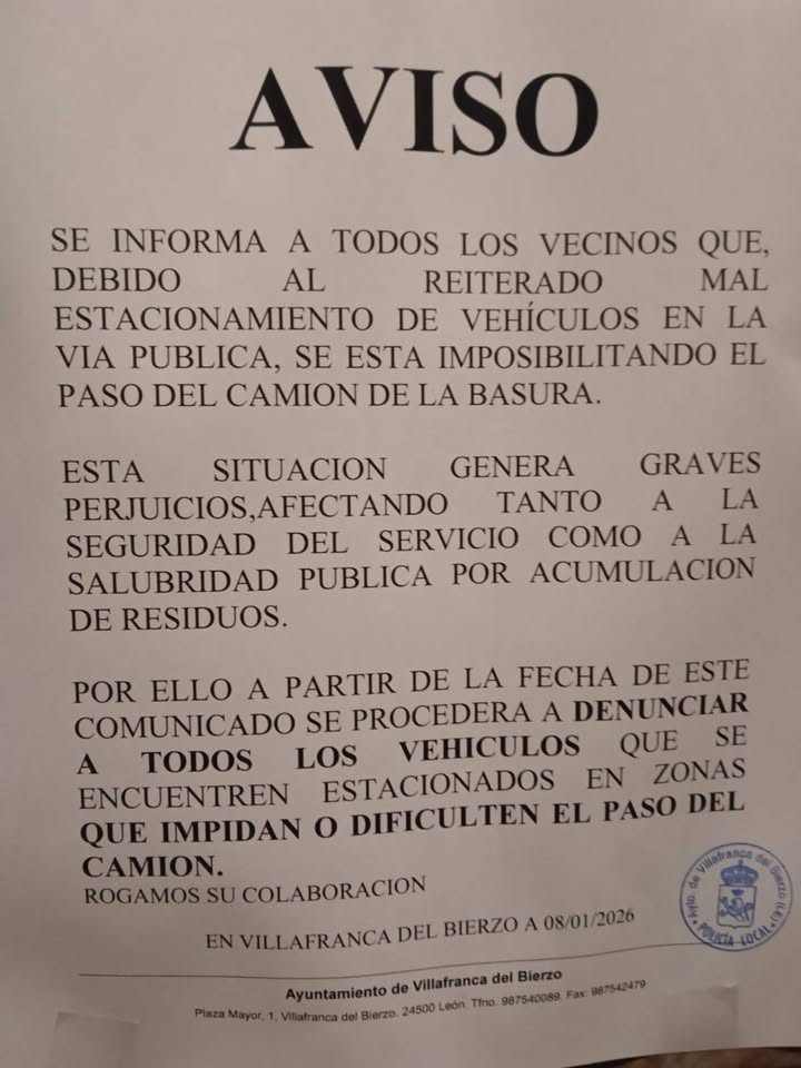 Aviso sobre la reparación del servicio de basura en Villafranca del Bierzo