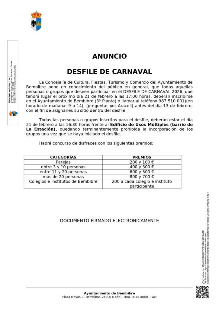 Anuncio del Desfile de Carnaval 2026 en Bembibre con detalles de participación y premios.