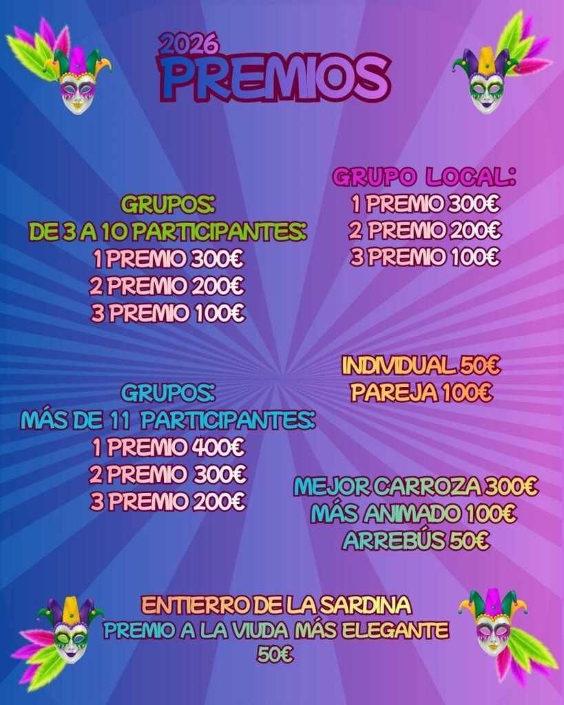 Cartel de premios del Carnaval de Cacabelos 2026 con colores vibrantes