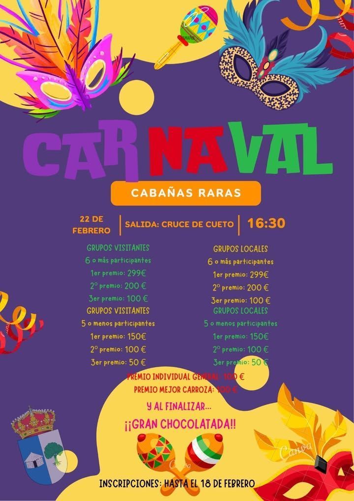 Cartel del Carnaval 2026 en Cabañas Raras con detalles de inscripciones y horarios.
