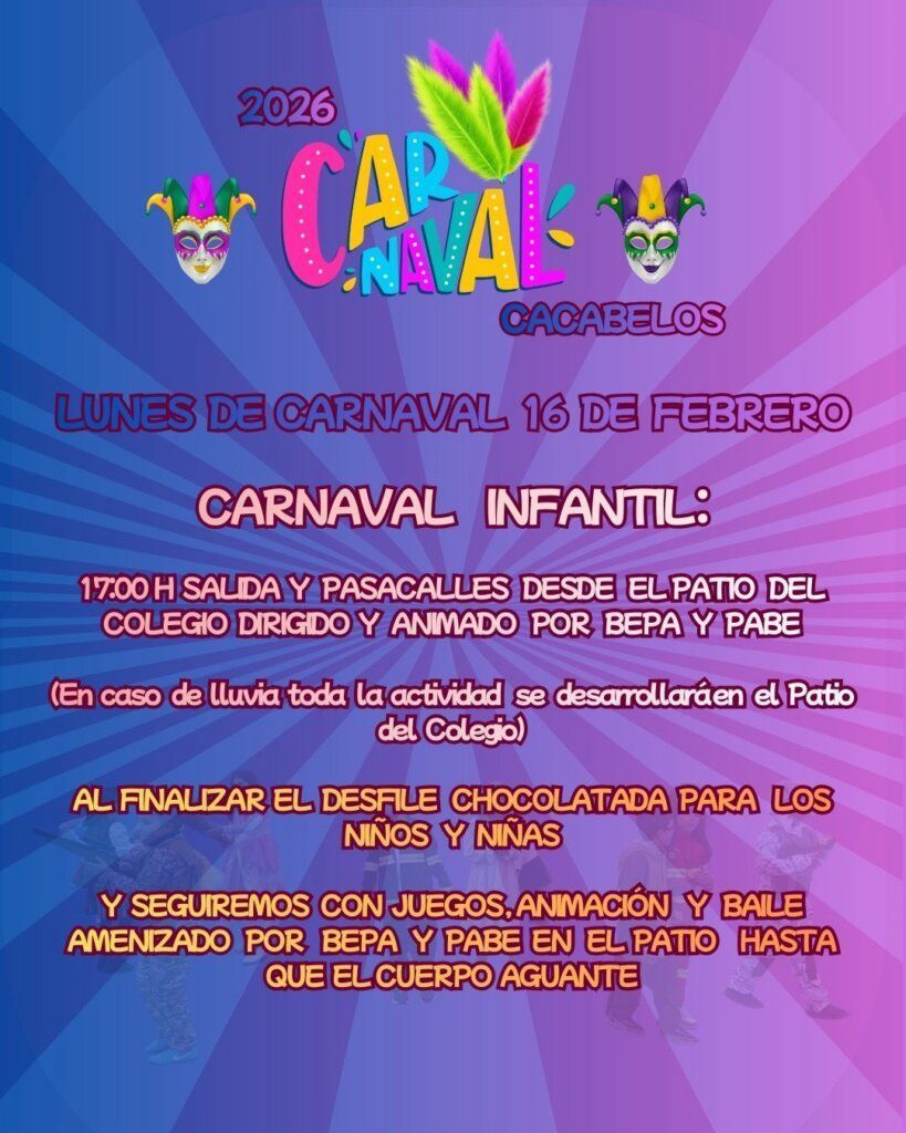 Cartel del Carnaval Infantil en Cacabelos con actividades para niños.