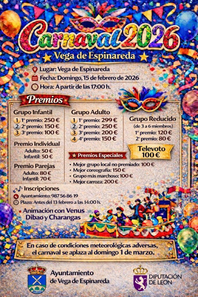Cartel del Carnaval 2026 en Vega de Espinareda con detalles de premios y actividades.