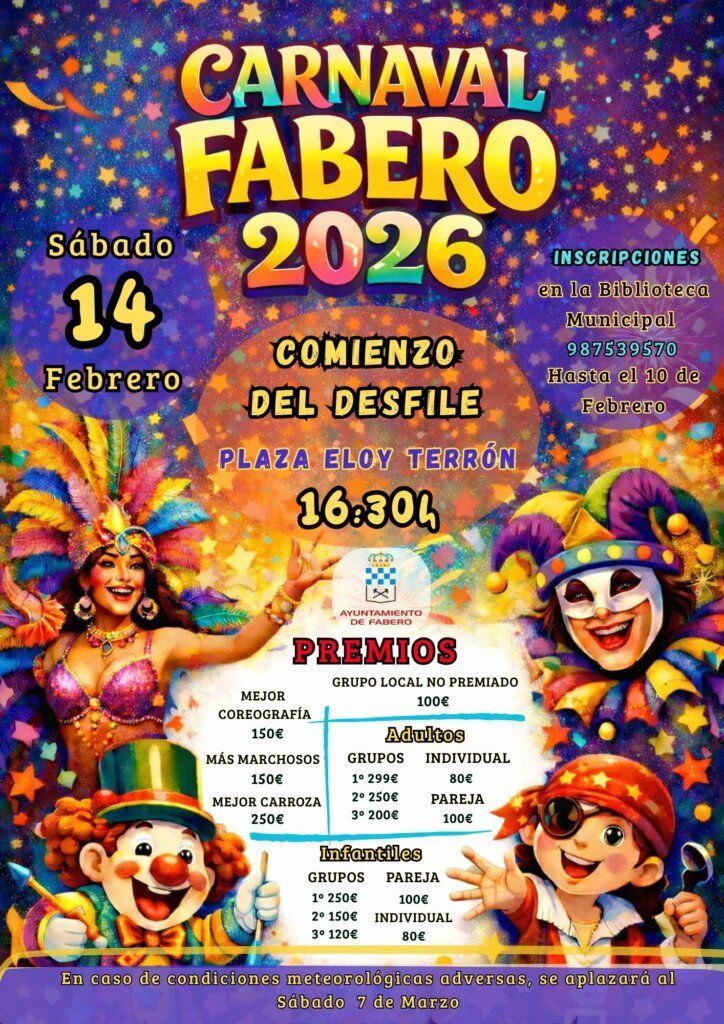 Cartel del Carnaval de Fabero 2026 con detalles del desfile y premios