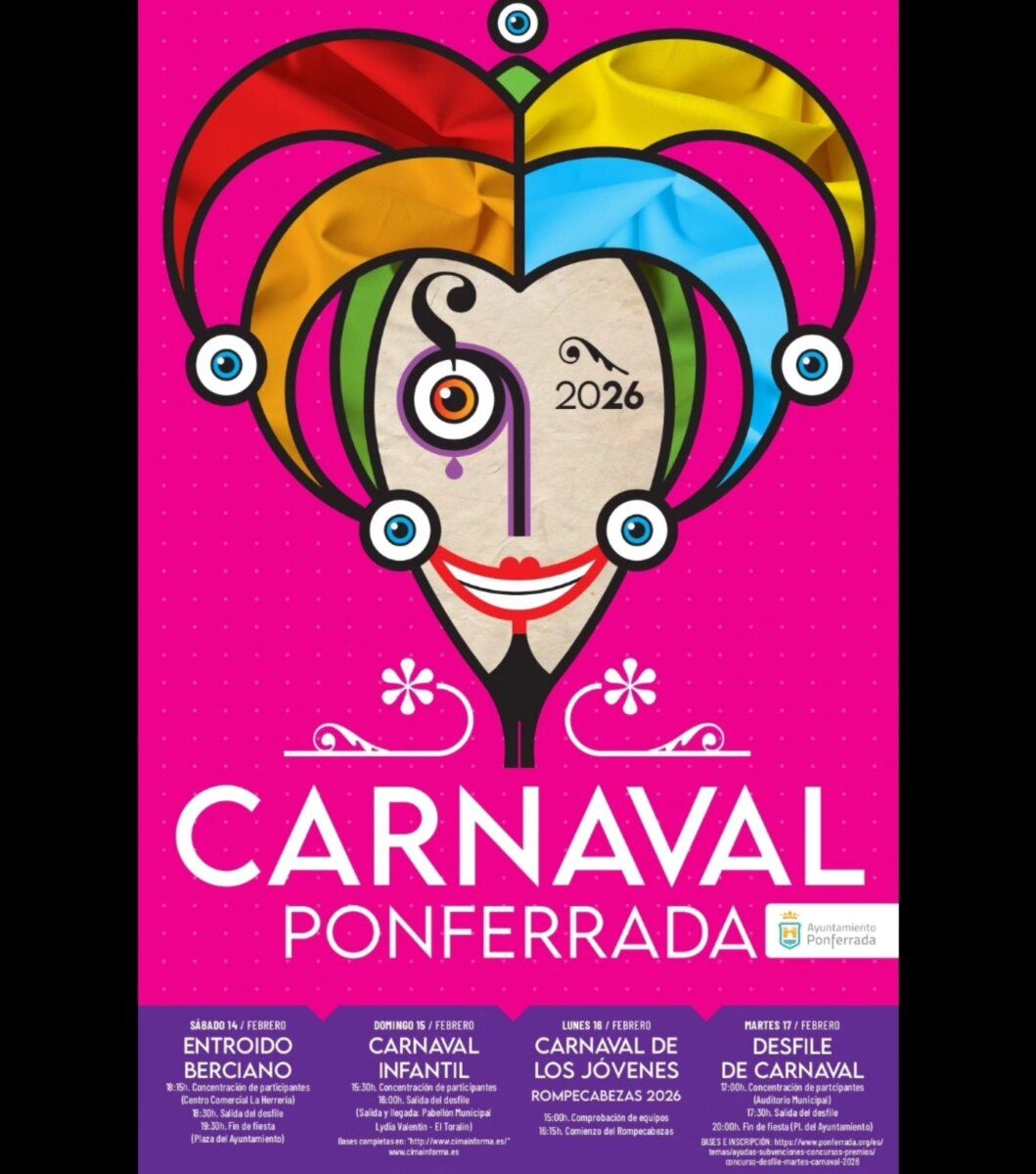 Cartel del Carnaval de Ponferrada 2026 con colores vibrantes y diseño festivo