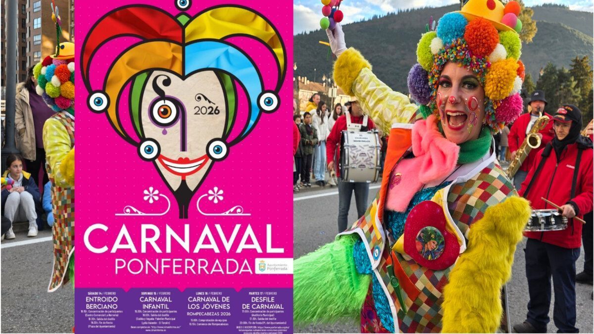 Cartel del Carnaval 2026 de Ponferrada con un payaso colorido