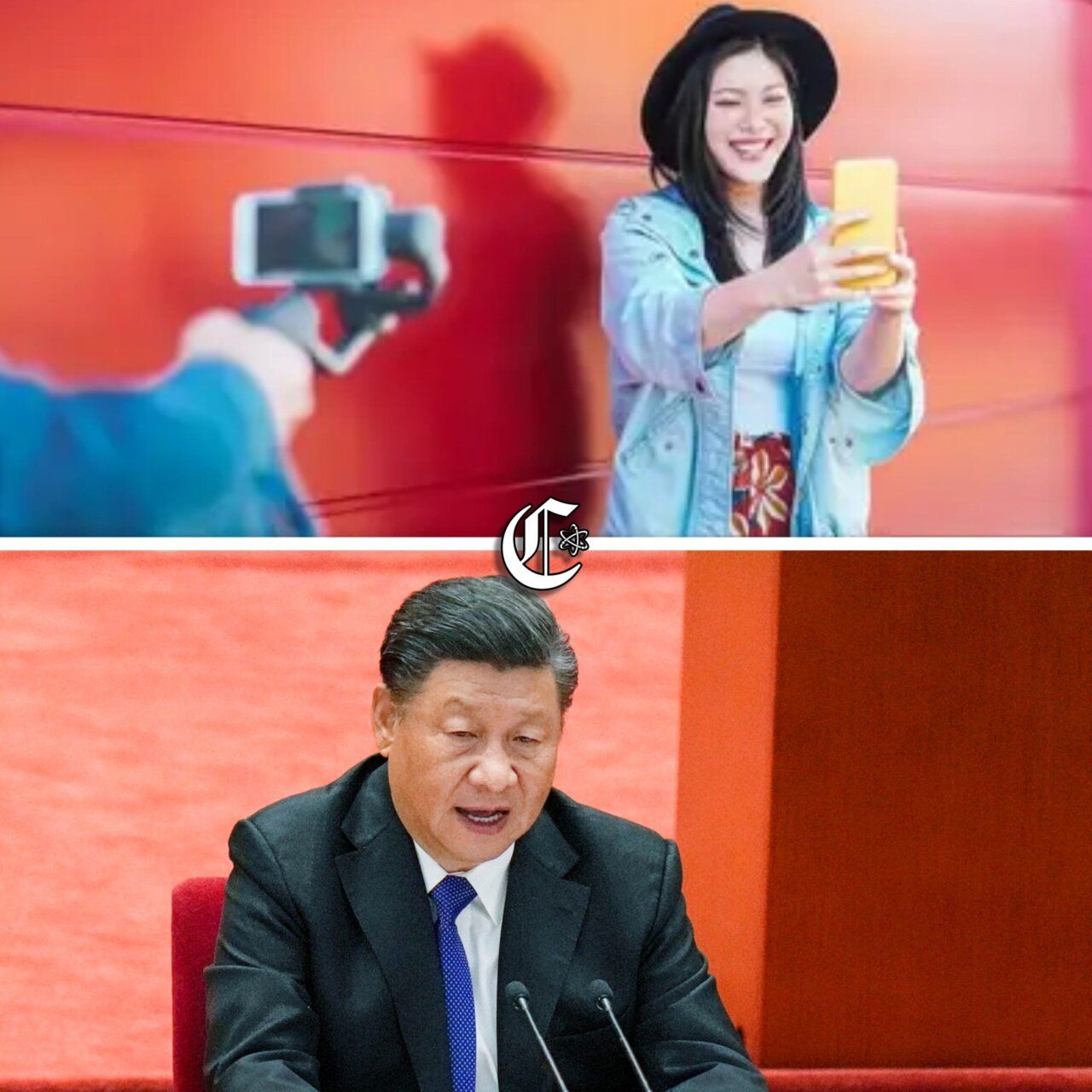 Influencer tomando una selfie mientras otro habla en un podio