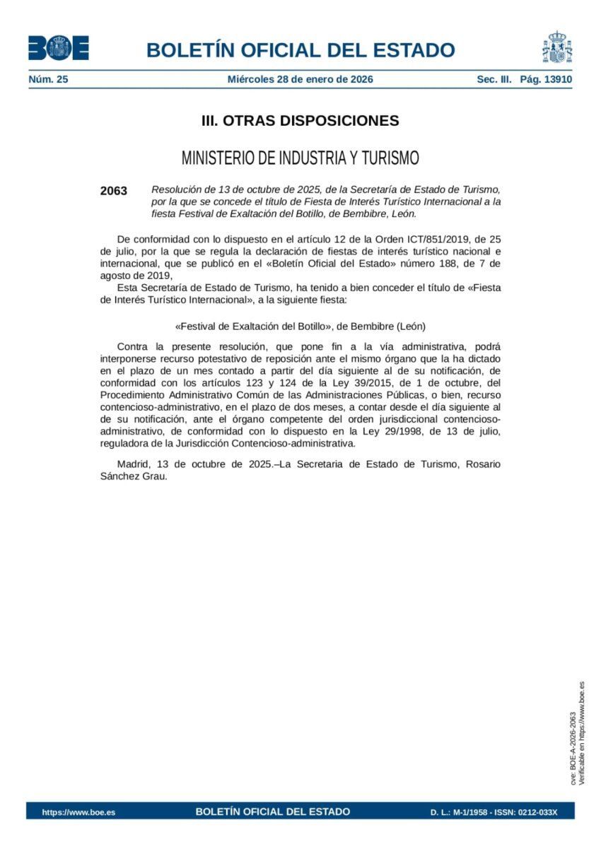 Boletín Oficial del Estado sobre el Festival del Botillo de Bembibre