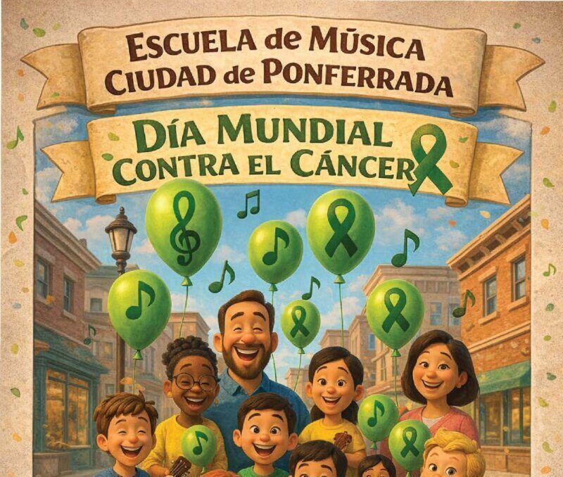 Cartel de actividad musical por el Día Mundial contra el Cáncer en Ponferrada