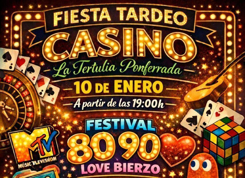 Cartel de la Fiesta Tardeo en el Casino La Tertulia con música y ambiente ochentero.