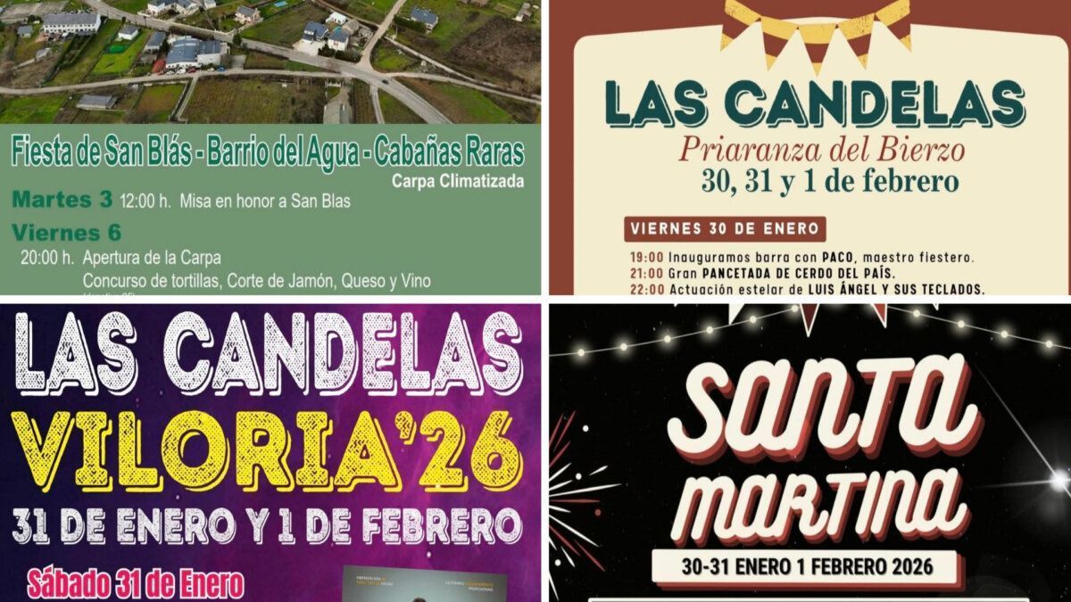 Carteles de fiestas populares en El Bierzo, incluyendo San Blas y Las Candelas.