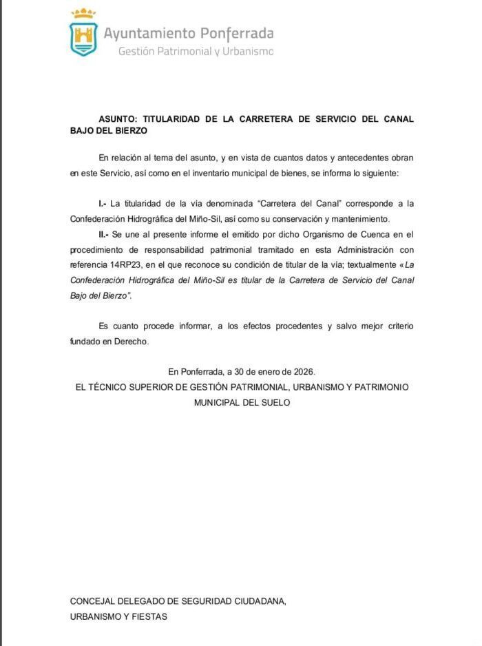 Informe sobre la titularidad de la carretera del Canal Bajo del Bierzo