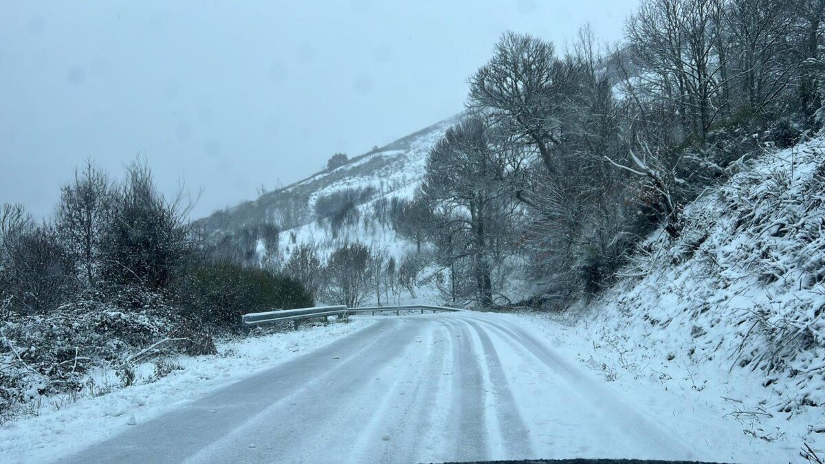 Carretera cubierta de nieve en Fornela con árboles a los lados