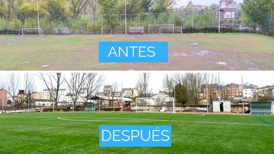 Comparativa del campo de fútbol del CD Flores del Sil antes y después de la renovación