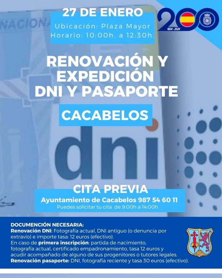 Cartel informativo sobre renovación de DNI y pasaporte en Cacabelos