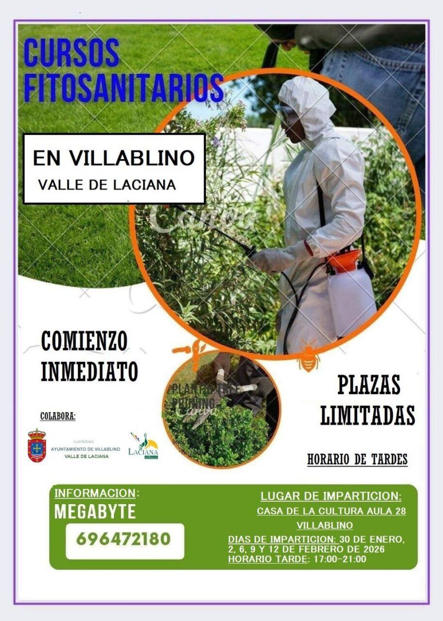 Cartel del curso de fitosanitarios en Villablino con detalles del evento.