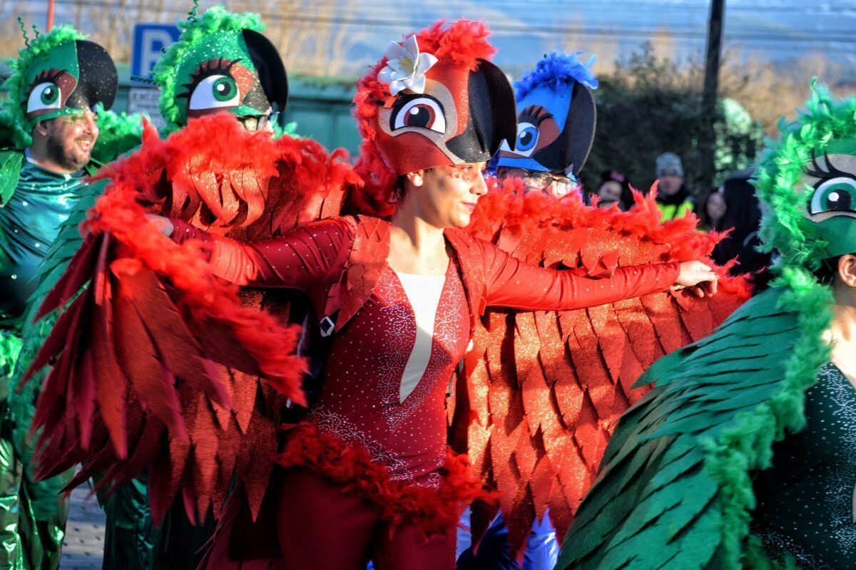 Participantes del desfile de carnaval en Toral de los Vados con trajes coloridos.