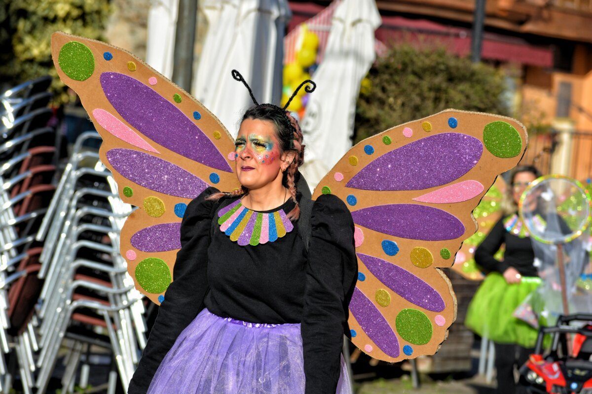 Mujer disfrazada de mariposa en desfile de carnaval