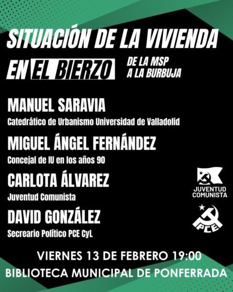 Cartel del acto público sobre la vivienda en El Bierzo con detalles de participantes y fecha.