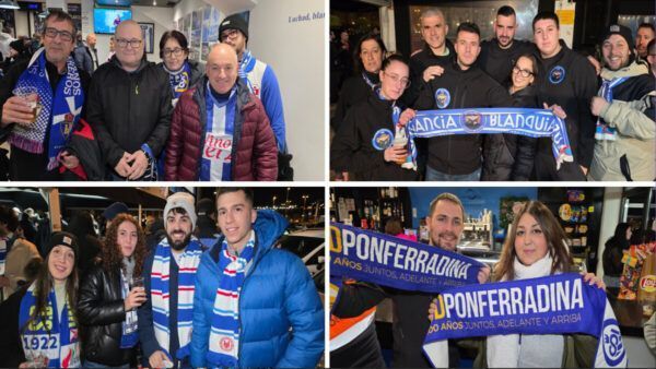Aficionados de la Ponferradina en el Bar El Toralín mostrando bufandas