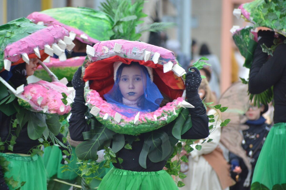 Niña disfrazada con un gran disfraz de planta en el carnaval