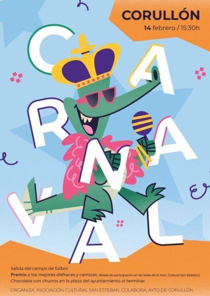 Cartel del Carnaval de Corullón 2026 con un dinosaurio disfrazado