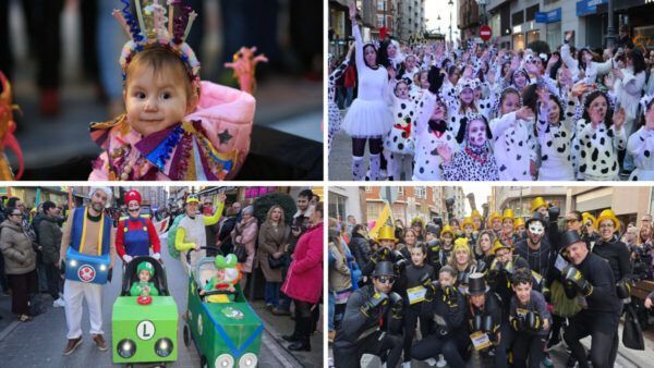 Niños y adultos disfrazados en el desfile de Carnaval en Ponferrada
