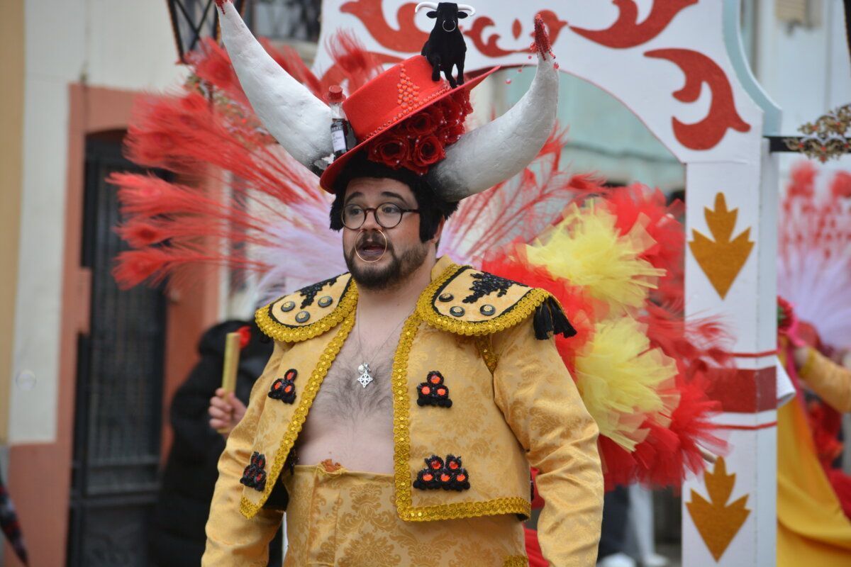 Hombre disfrazado en el Carnaval de Camponaraya con plumas y sombrero