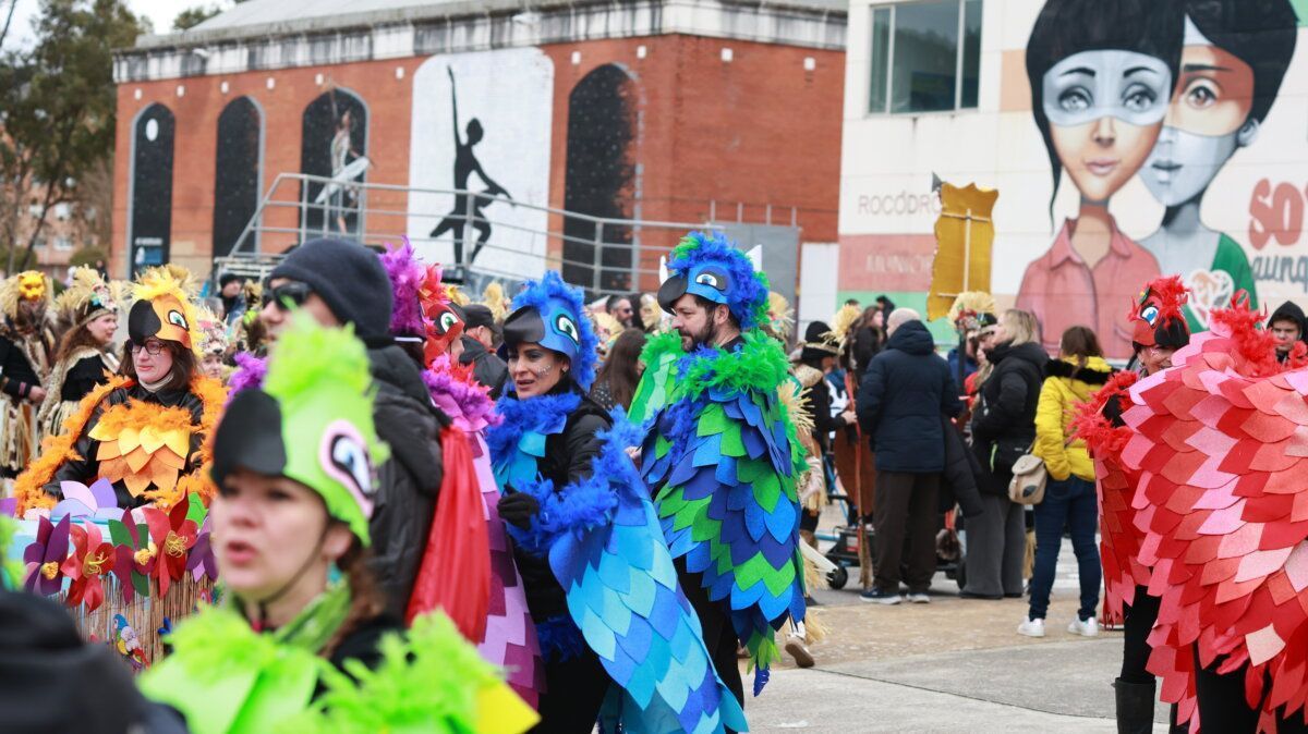 Personas disfrazadas en el Carnaval de Ponferrada con trajes coloridos