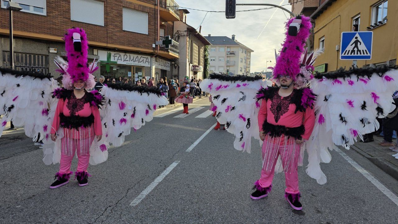 Participantes del desfile de Carnaval en Toreno con trajes coloridos y plumas