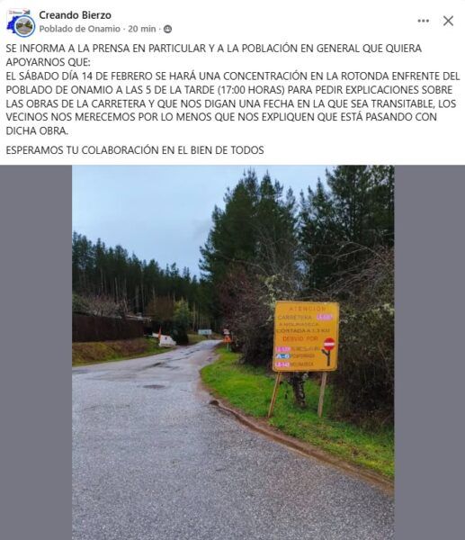 Señal de advertencia en la carretera hacia Onamio con árboles al fondo