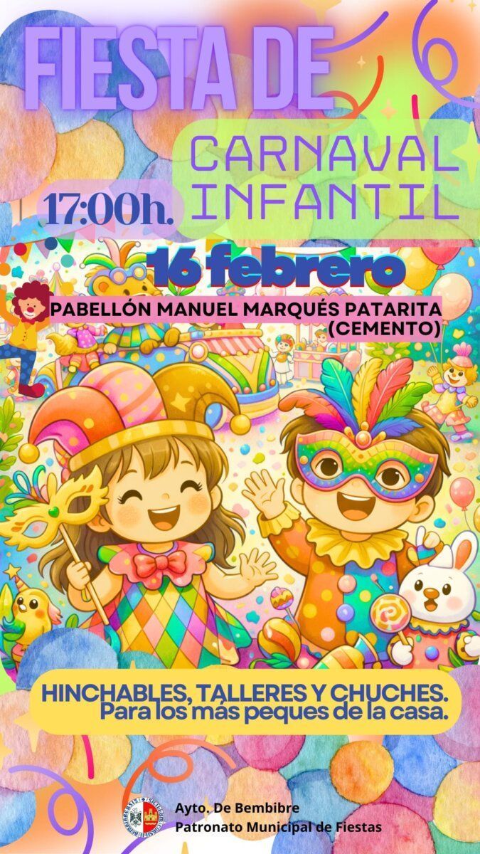 Cartel de la fiesta de Carnaval infantil en Bembibre con niños disfrazados